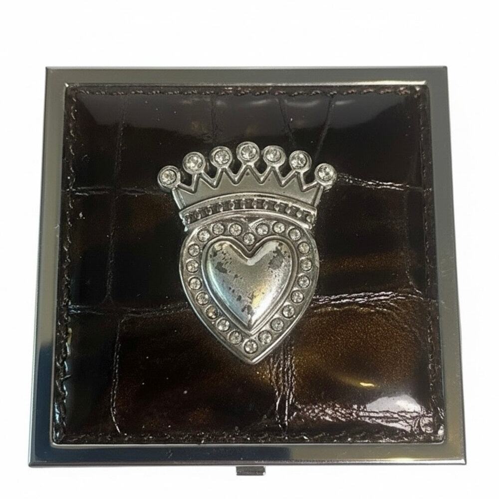 Vintage Y2K Brighton Travel Mirror Photo Frame Brown Croc Crown Heart 3”